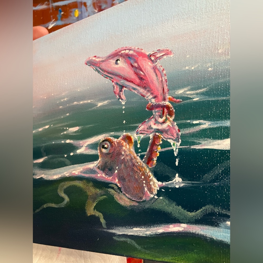 Original painting pink dolphin octopus art foil balloon party art surrealism
